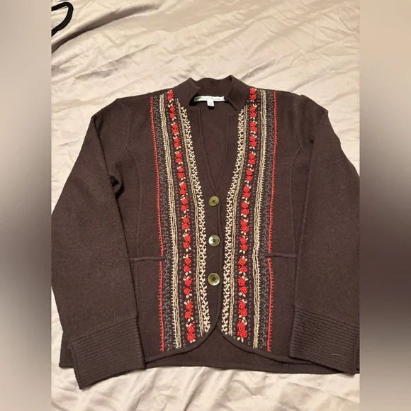 David Brooks 100% Wool Embroidered Cardigan Sweater Jacket Brown Floral Size L - Picture 6 of 12